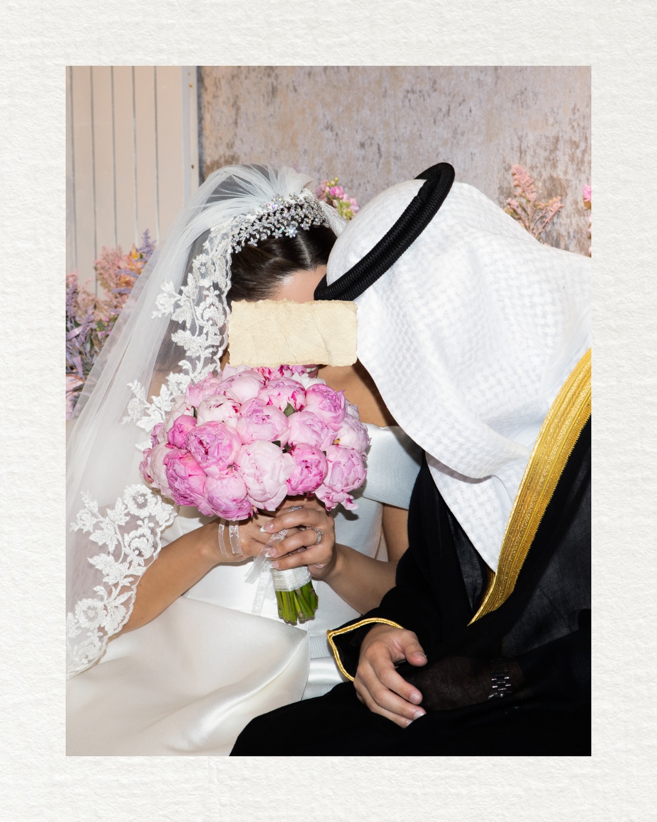 Pink peony bridal bouquet with gold ring detail